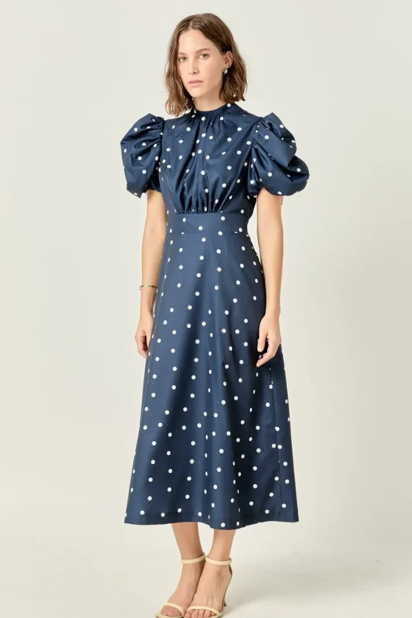 ENGLISH FACTORY Tops*- Daisy Dotted Midi Dress NAVY/OFFWHITE