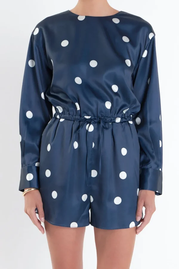 ENGLISH FACTORY Tops*- Dot Printed Satin Romper DARKNAVY/OFFWHITE