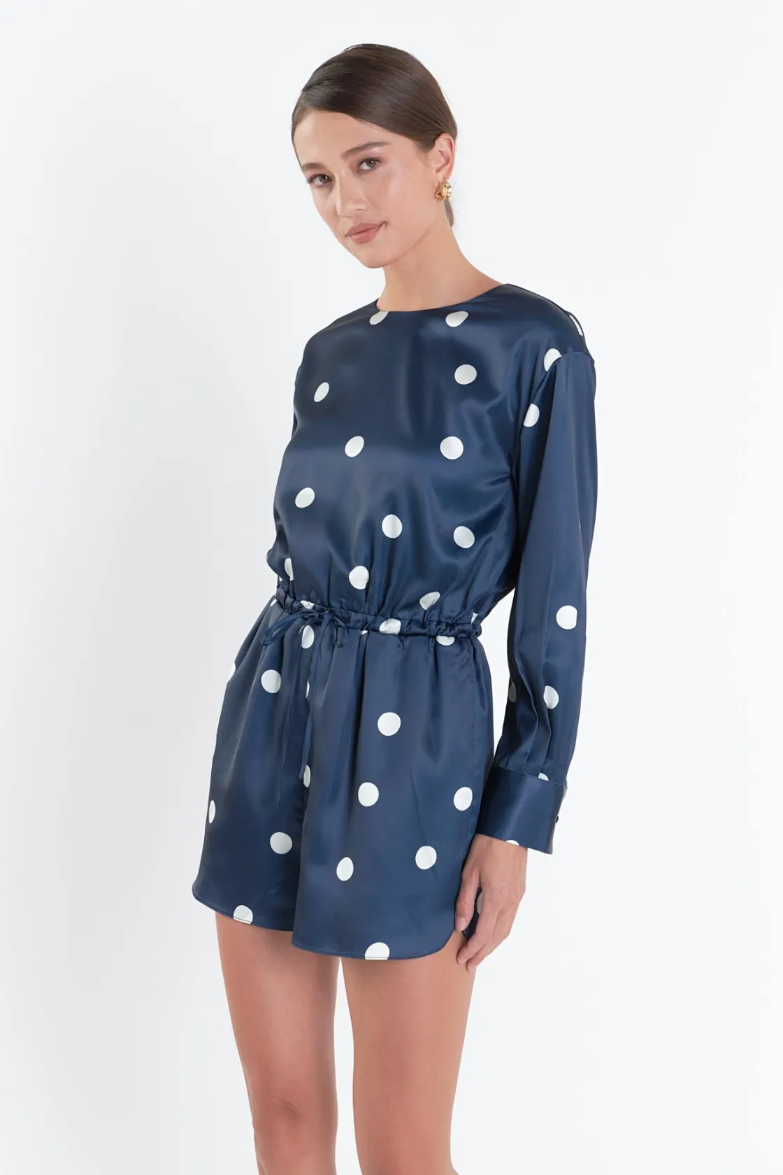 english_factory__dot_prin_3.webp ENGLISH FACTORY Tops*- Dot Printed Satin Romper DARKNAVY/OFFWHITE