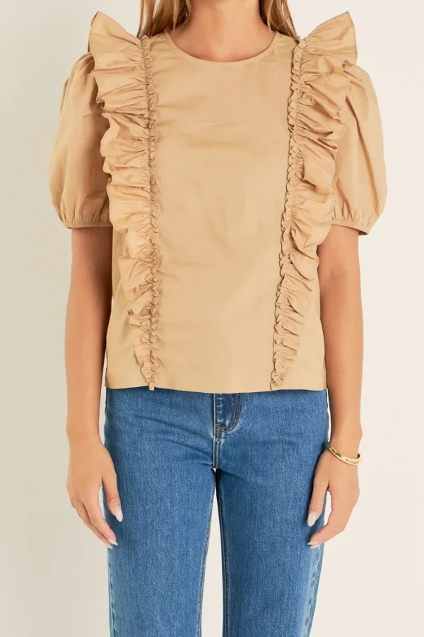 ENGLISH FACTORY Tops*- Double Ruffle Poplin Puff Sleeve Shirt