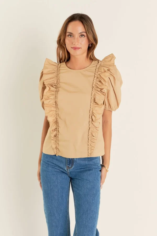 ENGLISH FACTORY Tops*- Double Ruffle Poplin Puff Sleeve Shirt