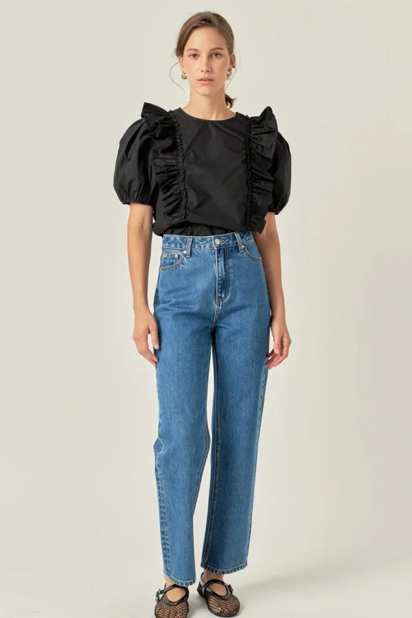 ENGLISH FACTORY Tops*- Double Ruffle Poplin Puff Sleeve Shirt