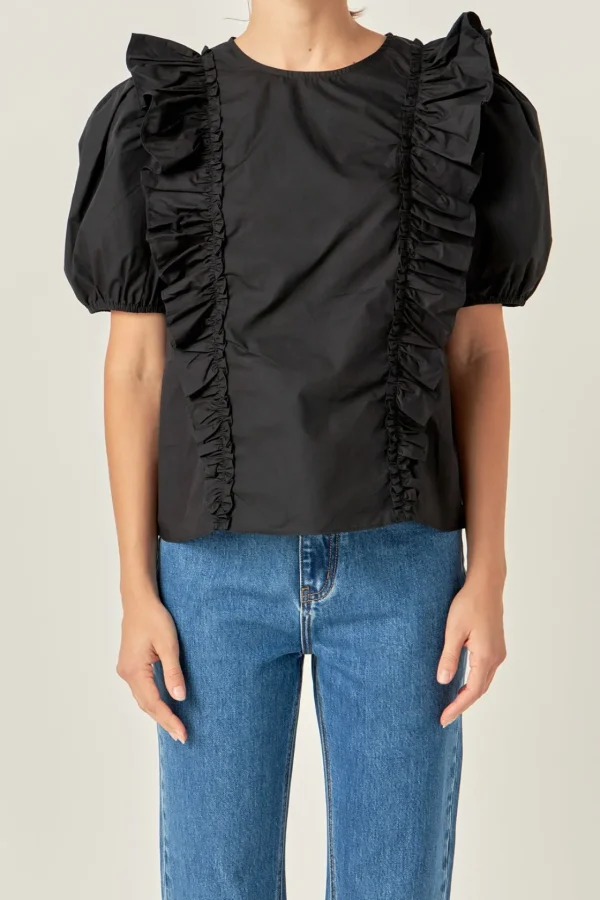 ENGLISH FACTORY Tops*- Double Ruffle Poplin Puff Sleeve Shirt