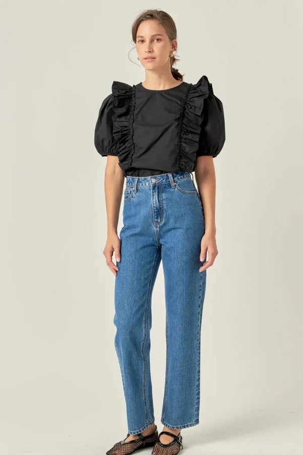 ENGLISH FACTORY Tops*- Double Ruffle Poplin Puff Sleeve Shirt