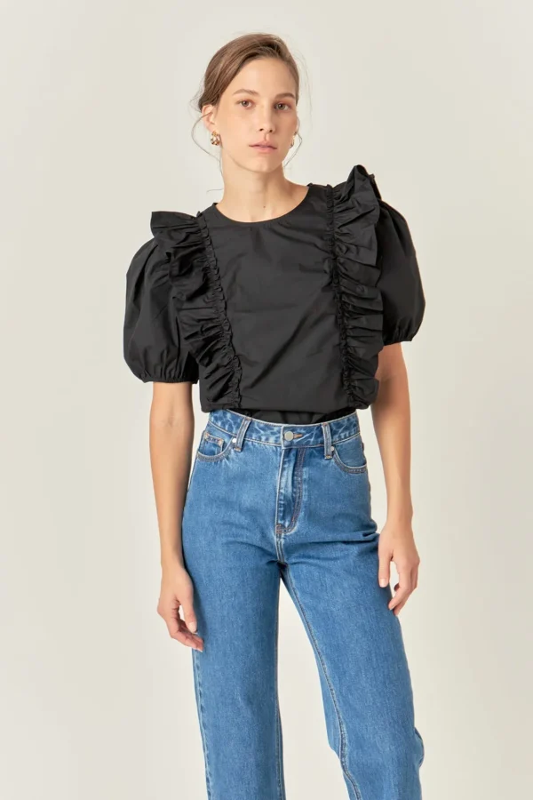 ENGLISH FACTORY Tops*- Double Ruffle Poplin Puff Sleeve Shirt