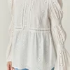 ENGLISH FACTORY Tops*- Embroidered Swiss Dot Ruched Sleeve Top WHITE