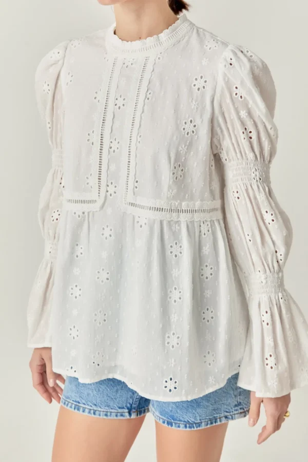 ENGLISH FACTORY Tops*- Embroidered Swiss Dot Ruched Sleeve Top WHITE