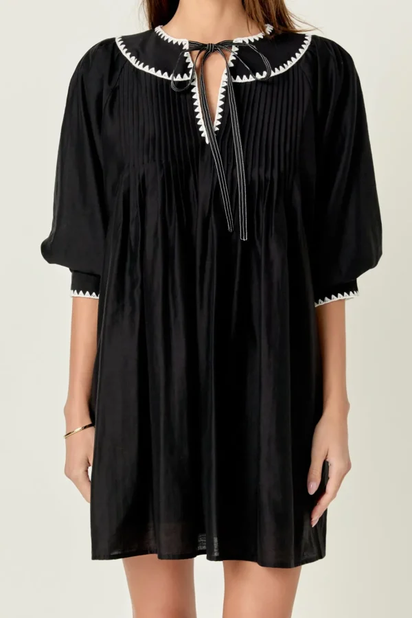 ENGLISH FACTORY Tops*- Embroidery Bow Detailed Mini Dress BLACK/WHITE