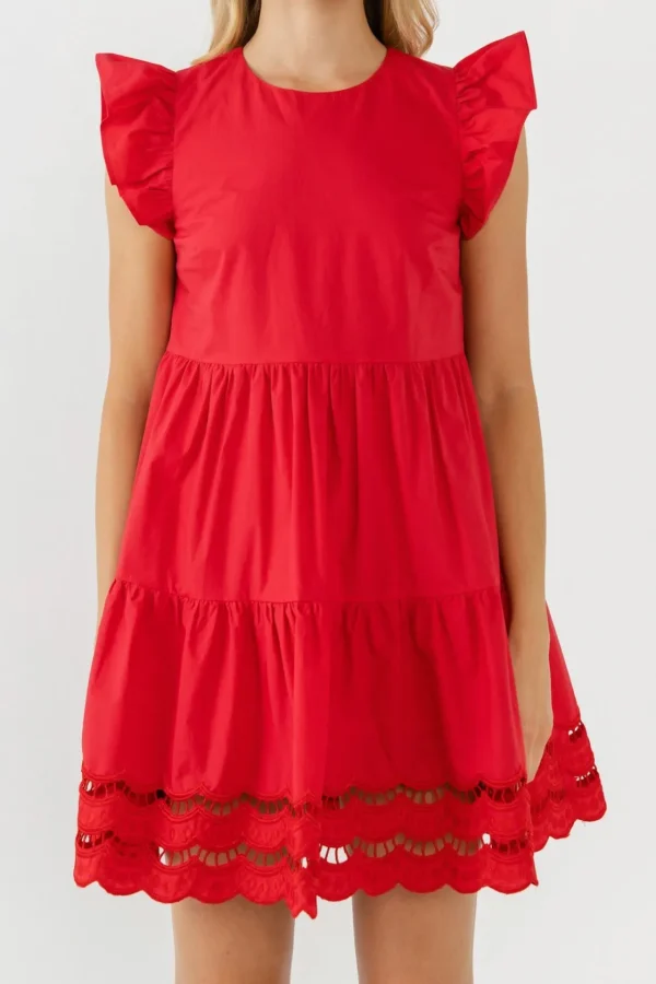 ENGLISH FACTORY Tops*- Embroidery Detail Mini Dress RED
