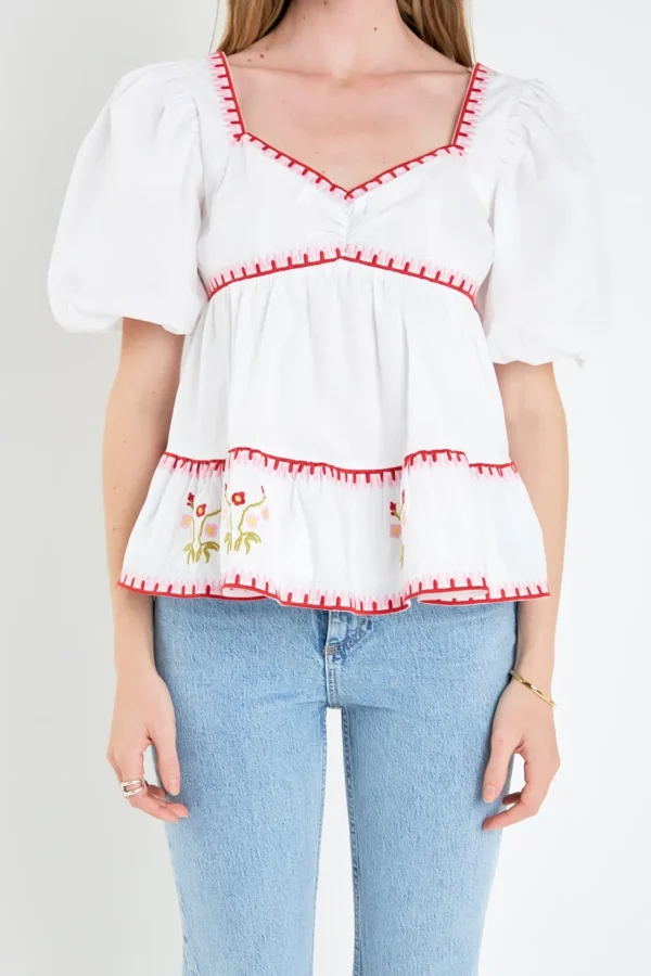 ENGLISH FACTORY Tops*- Embroidered Blouson Top IVORY/RED