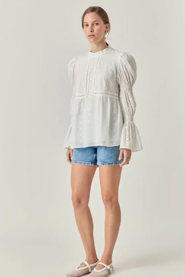 ENGLISH FACTORY Tops*- Embroidered Swiss Dot Ruched Sleeve Top WHITE