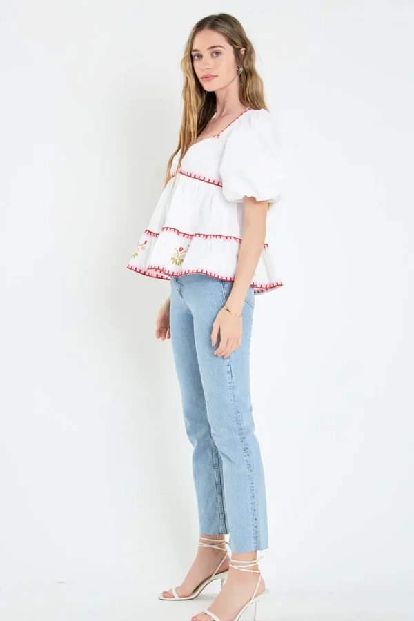 ENGLISH FACTORY Tops*- Embroidered Blouson Top IVORY/RED