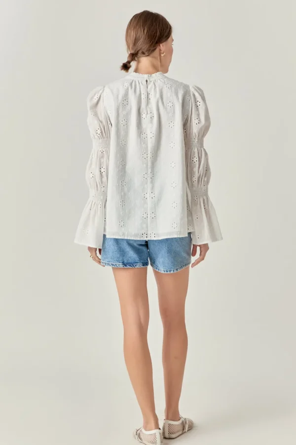 ENGLISH FACTORY Tops*- Embroidered Swiss Dot Ruched Sleeve Top WHITE