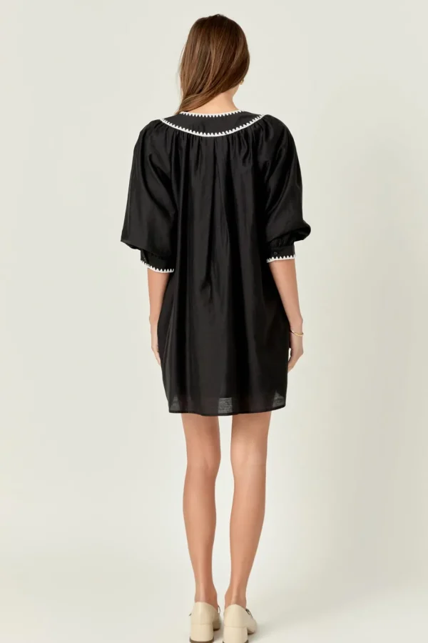 ENGLISH FACTORY Tops*- Embroidery Bow Detailed Mini Dress BLACK/WHITE