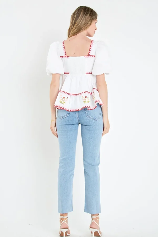 ENGLISH FACTORY Tops*- Embroidered Blouson Top IVORY/RED