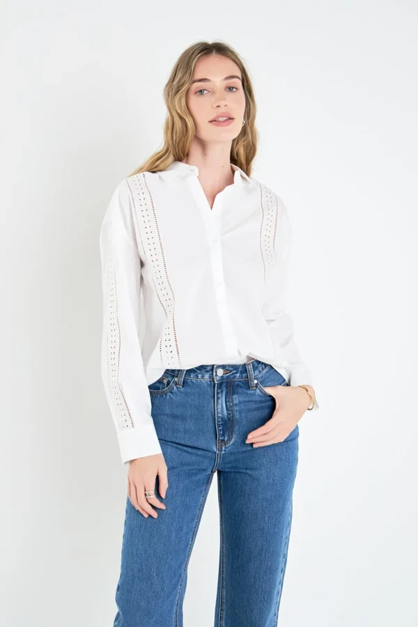 ENGLISH FACTORY Tops*- Embroidery Detail Shirt WHITE