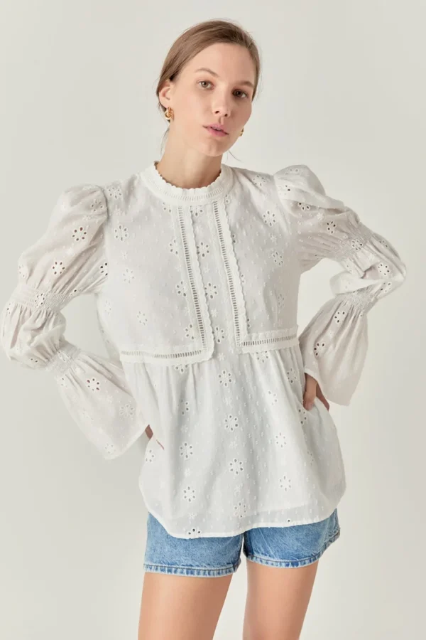 ENGLISH FACTORY Tops*- Embroidered Swiss Dot Ruched Sleeve Top WHITE