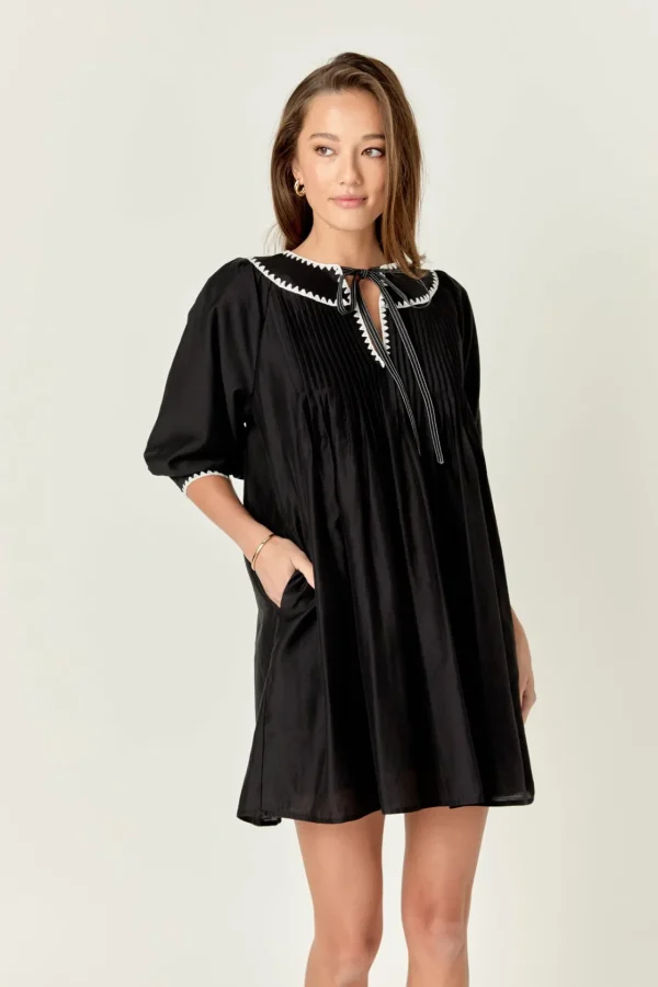 ENGLISH FACTORY Tops*- Embroidery Bow Detailed Mini Dress BLACK/WHITE
