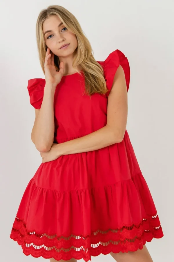 ENGLISH FACTORY Tops*- Embroidery Detail Mini Dress RED