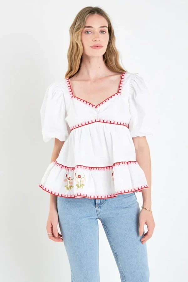 ENGLISH FACTORY Tops*- Embroidered Blouson Top IVORY/RED