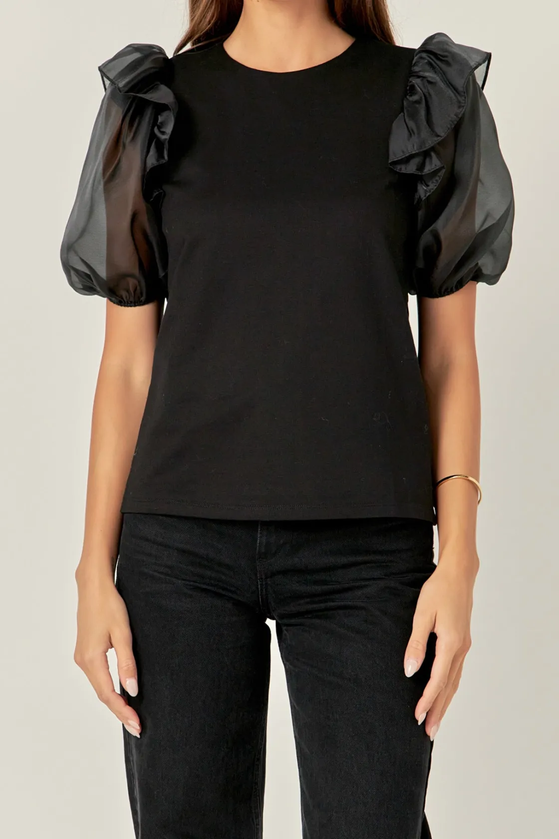 english_factory__english__0.webp ENGLISH FACTORY Tops*- - Organza Sleeve Shirt BLACK