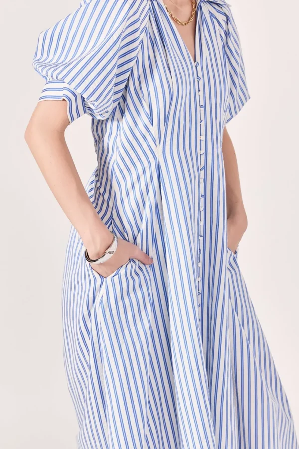 ENGLISH FACTORY Tops*- Everly Seersucker Striped Midi Dress BLUE