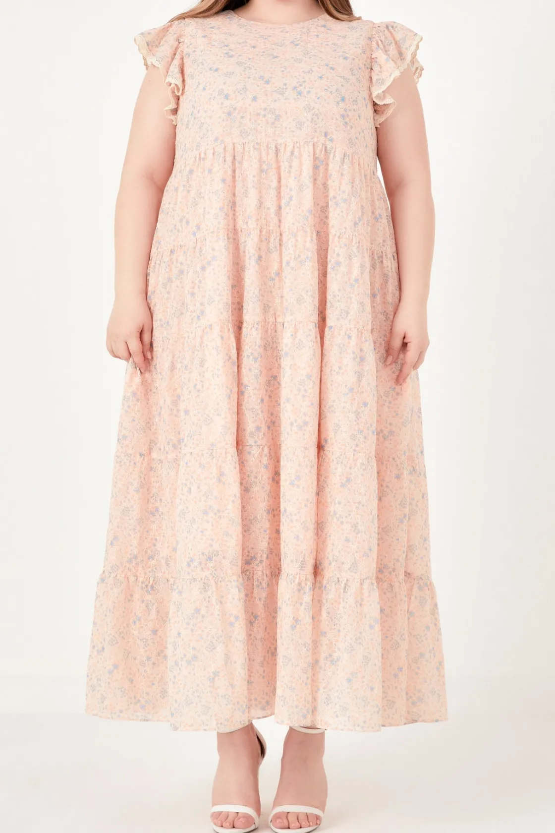 english_factory__eyelet_f_0.webp ENGLISH FACTORY Tops*- Eyelet Floral Tiered Maxi Dress CORALMULTI
