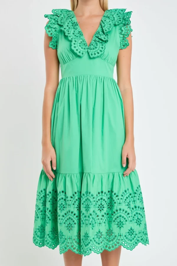 ENGLISH FACTORY Tops*- Eyelet Scallop Detail Midi Dress GREEN