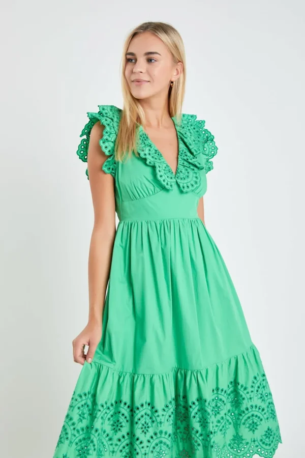ENGLISH FACTORY Tops*- Eyelet Scallop Detail Midi Dress GREEN
