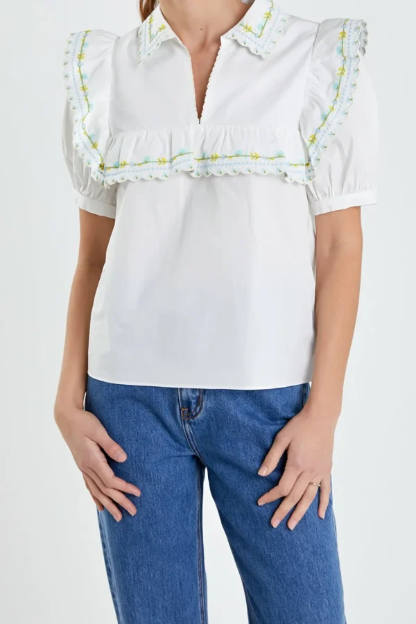 ENGLISH FACTORY Tops*- Floral Embroidered Short Sleeve Top