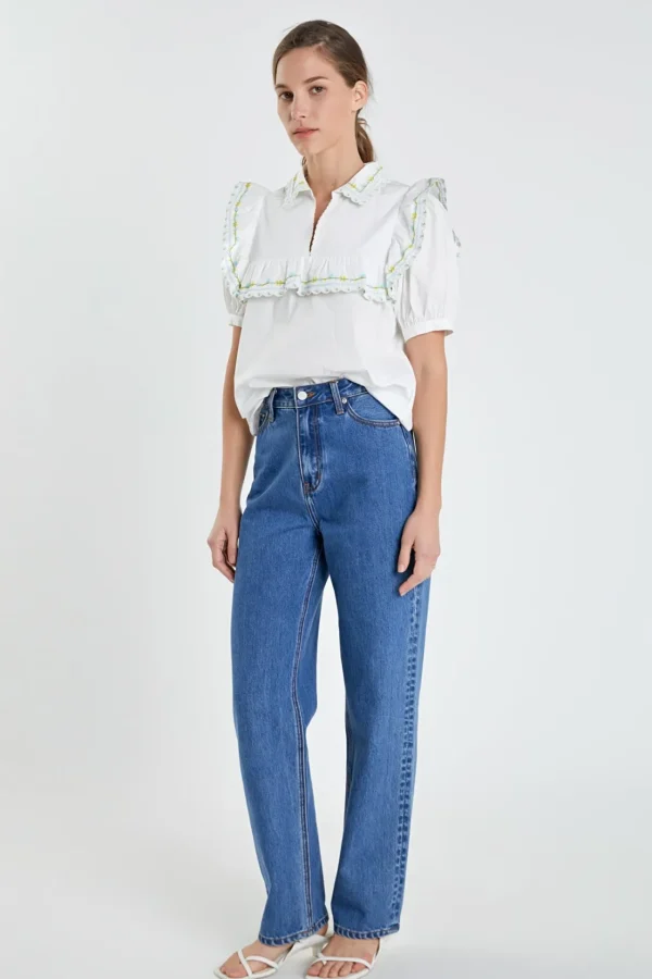 ENGLISH FACTORY Tops*- Floral Embroidered Short Sleeve Top