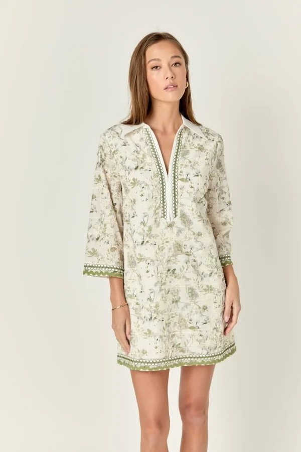 ENGLISH FACTORY Tops*- Floral Embroidery Mini Dress GREENMULTI