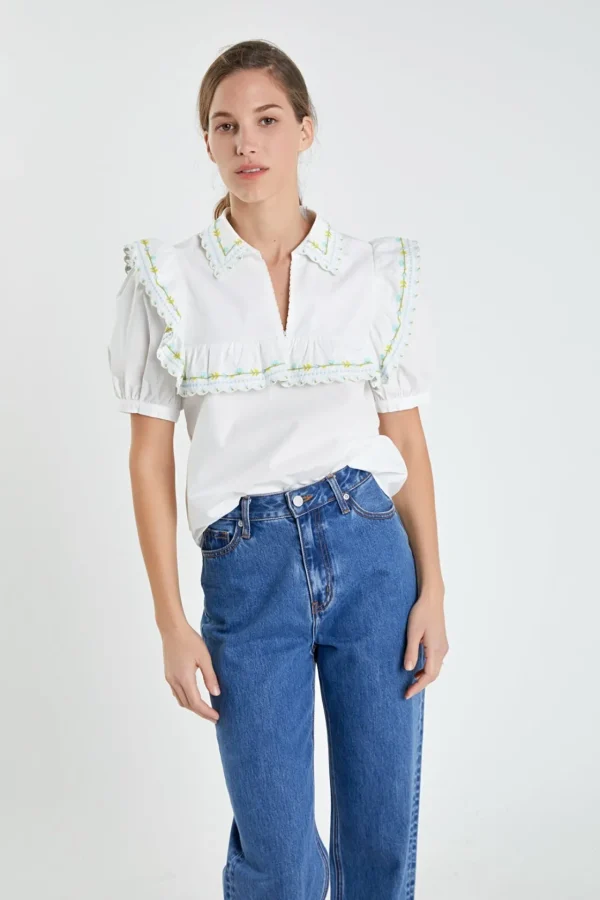 ENGLISH FACTORY Tops*- Floral Embroidered Short Sleeve Top