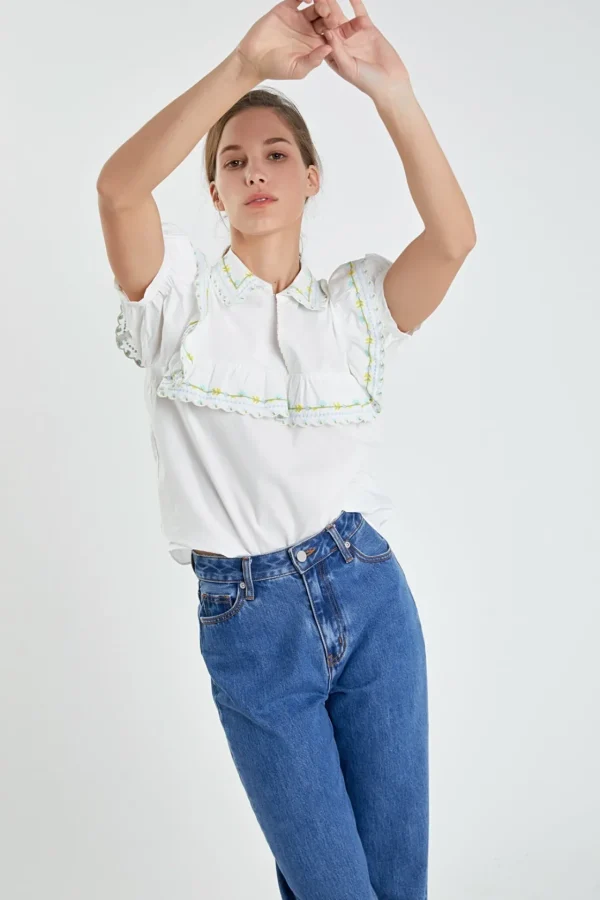 ENGLISH FACTORY Tops*- Floral Embroidered Short Sleeve Top