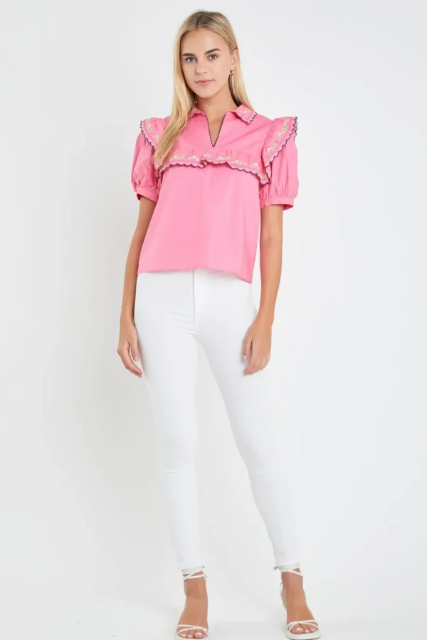 ENGLISH FACTORY Tops*- Floral Embroidered Short Sleeve Top