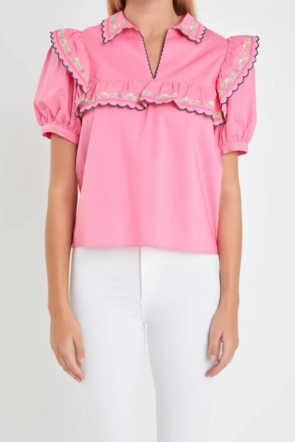 ENGLISH FACTORY Tops*- Floral Embroidered Short Sleeve Top