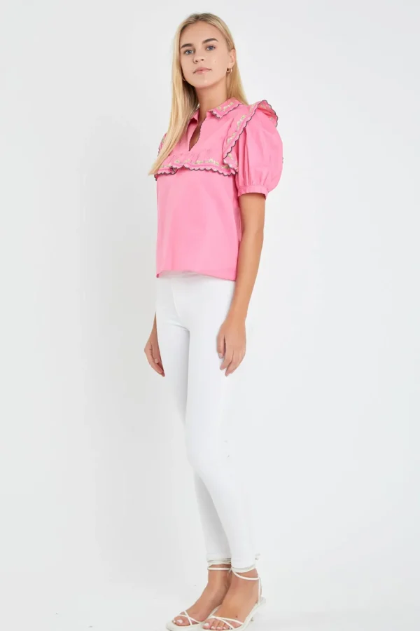 ENGLISH FACTORY Tops*- Floral Embroidered Short Sleeve Top