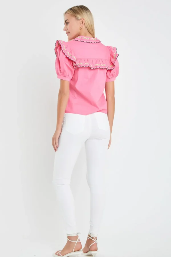 ENGLISH FACTORY Tops*- Floral Embroidered Short Sleeve Top