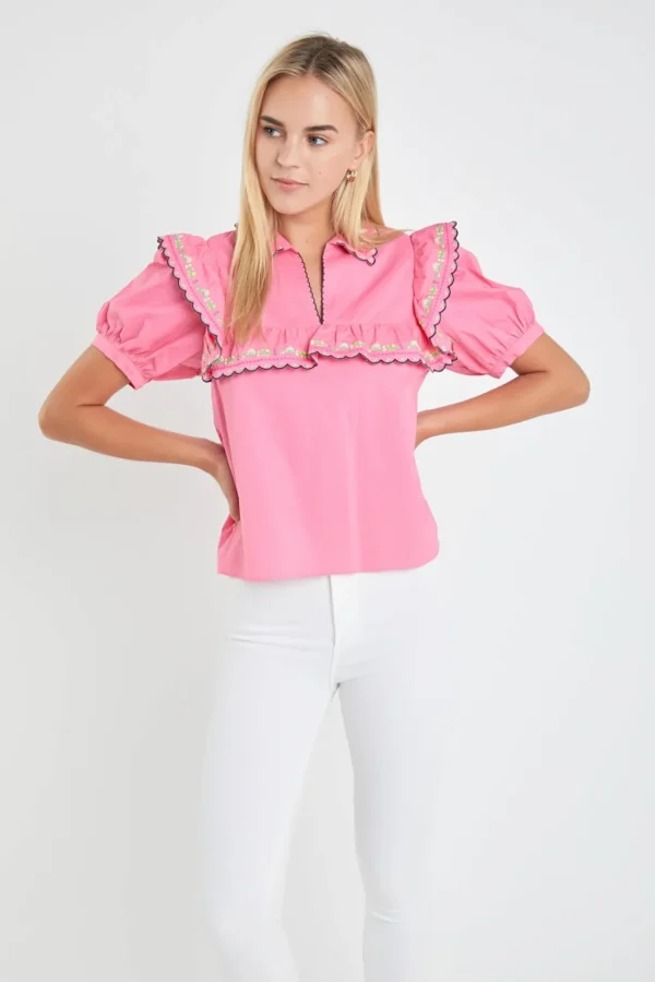 ENGLISH FACTORY Tops*- Floral Embroidered Short Sleeve Top