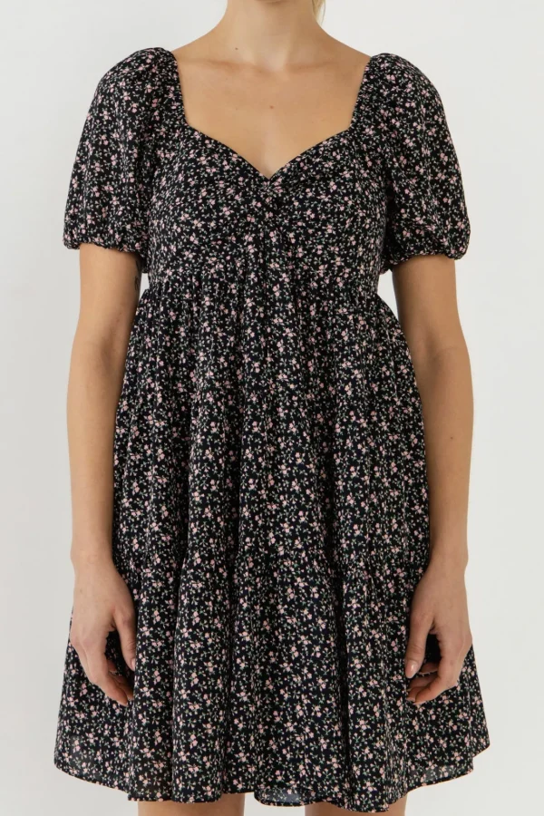 ENGLISH FACTORY Tops*- Floral Mini Dress BLACK/PINK