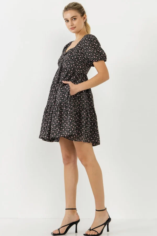 ENGLISH FACTORY Tops*- Floral Mini Dress BLACK/PINK
