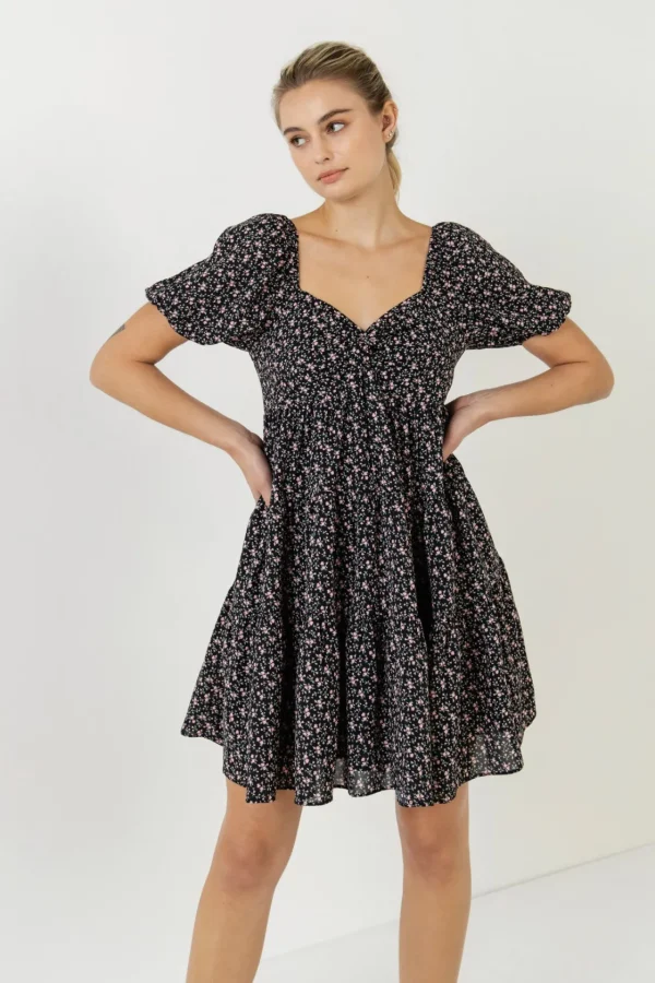 ENGLISH FACTORY Tops*- Floral Mini Dress BLACK/PINK