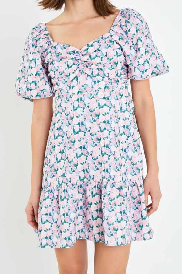 ENGLISH FACTORY Tops*- Floral Puff Sleeve Mini Dress LILACPINK