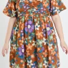 ENGLISH FACTORY Tops*- Floral Puffy Sleeve Mini Dress BROWNMULTI
