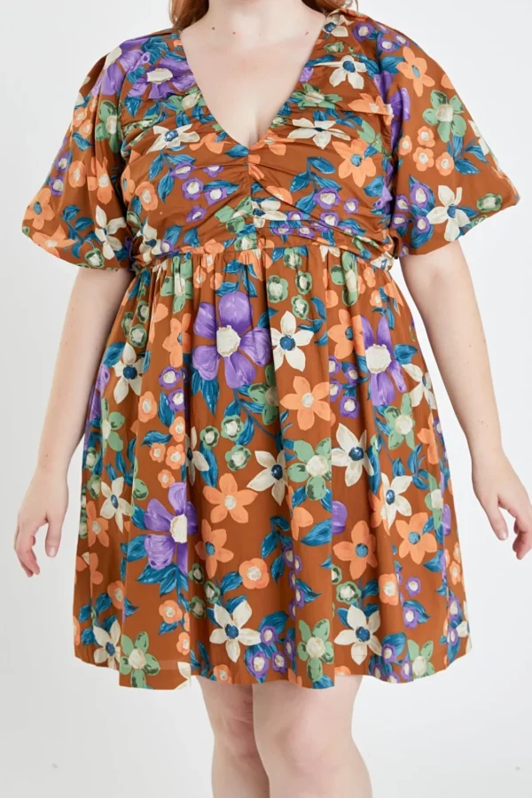 ENGLISH FACTORY Tops*- Floral Puffy Sleeve Mini Dress BROWNMULTI