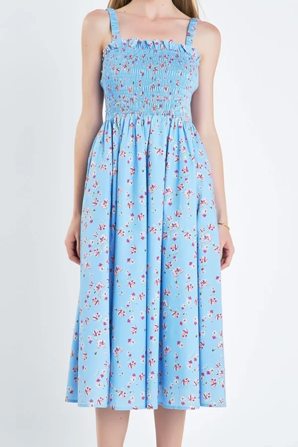 ENGLISH FACTORY Tops*- Floral Print Smocked Dress in Blue BLUEMULTI