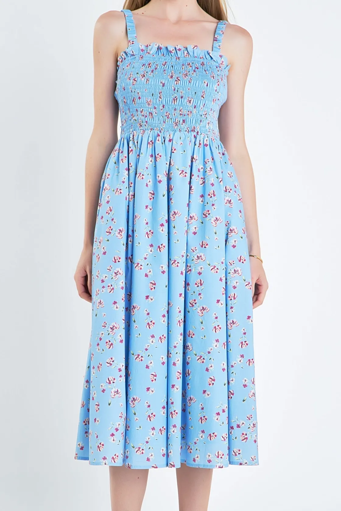 english_factory__floral_p_0.webp ENGLISH FACTORY Tops*- Floral Print Smocked Dress in Blue BLUEMULTI