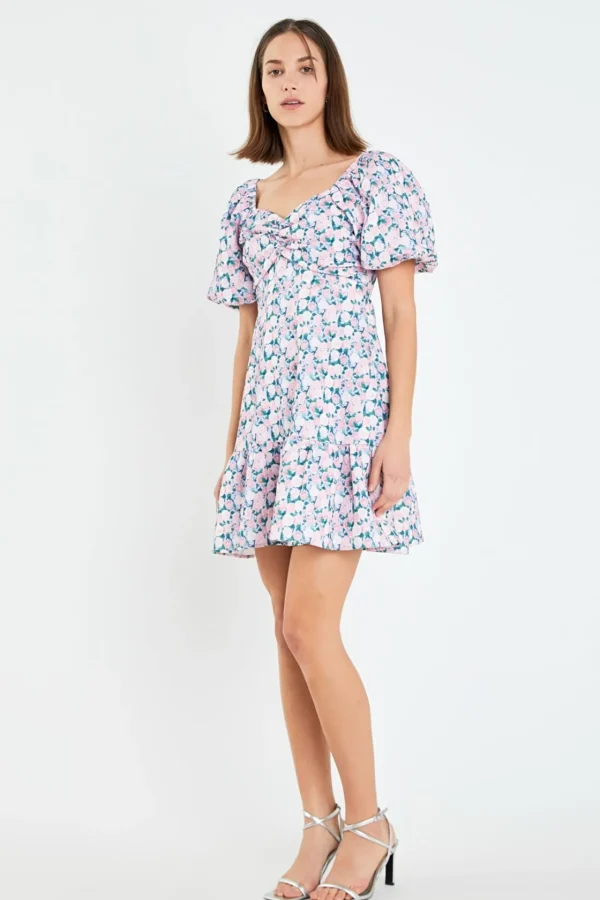 ENGLISH FACTORY Tops*- Floral Puff Sleeve Mini Dress LILACPINK