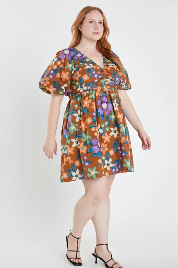 ENGLISH FACTORY Tops*- Floral Puffy Sleeve Mini Dress BROWNMULTI