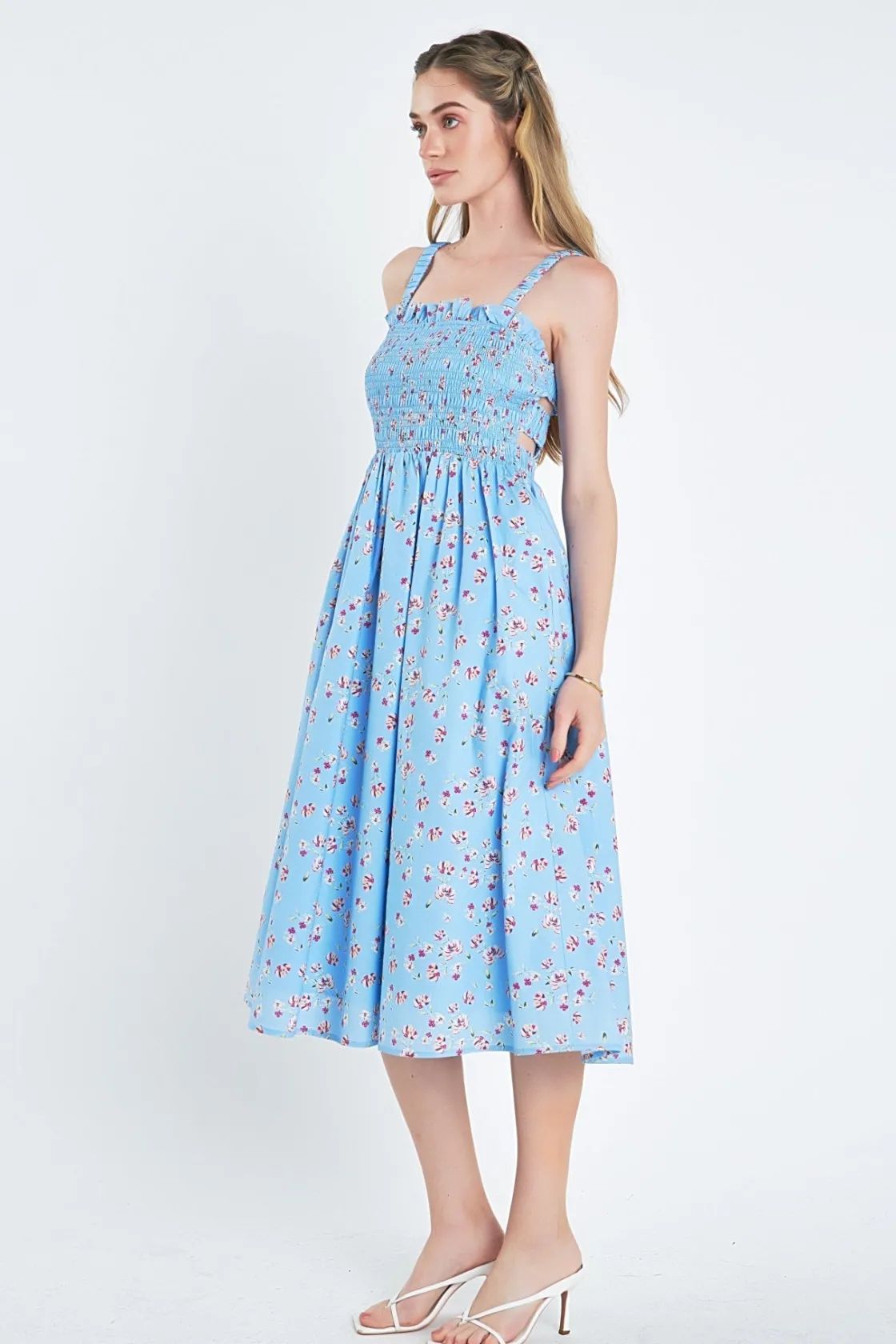 english_factory__floral_p_1.webp ENGLISH FACTORY Tops*- Floral Print Smocked Dress in Blue BLUEMULTI
